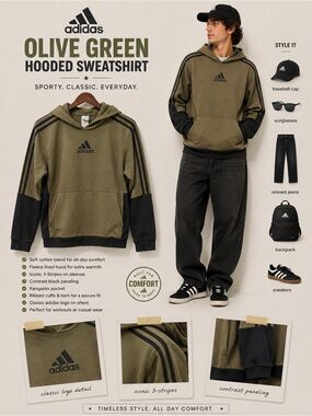 adidas Men's Olive Green Hooded Sweatshirt